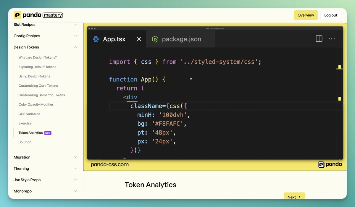 I've just released two new lessons to the Panda Mastery course✨

✅ Recipe Analytics - learn how to analyze config recipe usage and optimize your design system ➡️ pandamastery.com/course/config-…

✅ Token Analytics - gain insights into your design tokens, spot hardcoded values, and