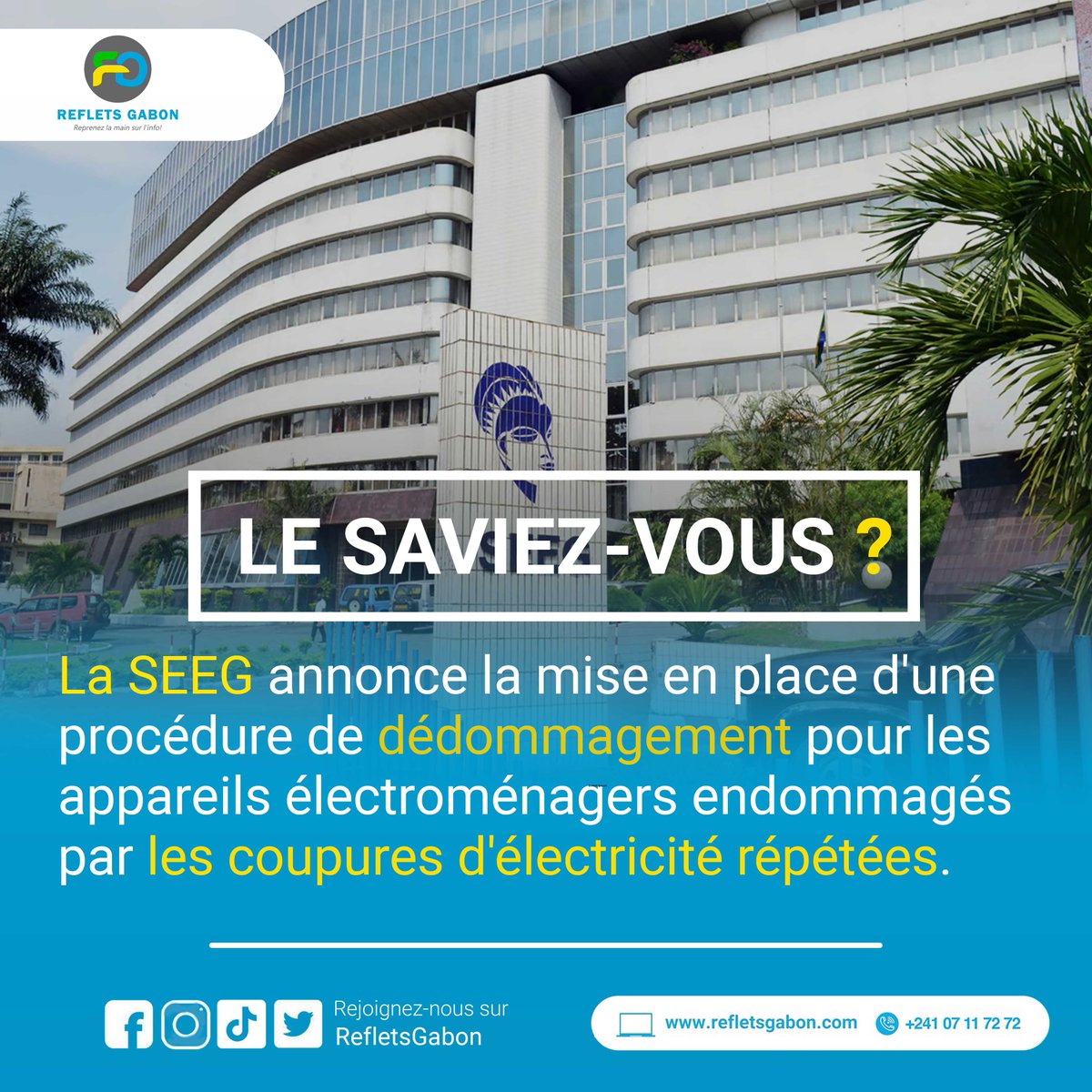 La <a href="/SEEG_Gabon/">SEEG Gabon</a>  met en place une procédure de dédommagement.En cas de sinistre le client doit adresser un courrier à la Direction Juridique de l'entreprise,accompagné d'une photo de l’appareil endommagé et de sa facture. Le dossier est ensuite transmis à l’assureur de la SEEG.