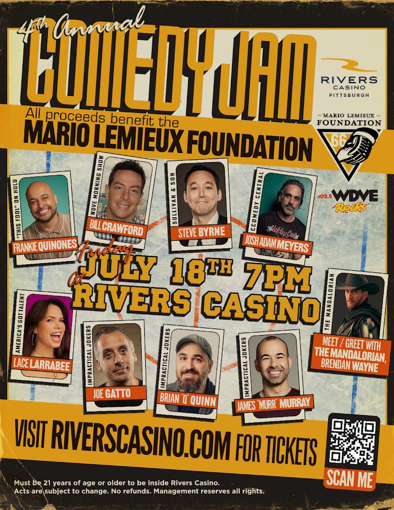 Steve Byrne (@stevebyrnelive) on Twitter photo PITTSBURGH!!! 4th annual COMEDY JAM is back w a killer lineup. All proceeds go to <a href="/MarioLemieuxFdn/">Mario Lemieux</a> July 18. Join <a href="/Joe_Gatto/">Joe Gatto</a> <a href="/BQQuinn/">Brian Quinn</a> <a href="/jamessmurray/">Murr</a> <a href="/lacelarrabee/">š Lace Larrabee š</a> <a href="/FrankieQuinones/">Frankie Quinones</a> TICKETS: riverscasino.com/pittsburgh/ent⦠PITTSBURGH!!! 4th annual COMEDY JAM is back w a killer lineup. All proceeds go to <a href="/MarioLemieuxFdn/">Mario Lemieux</a> July 18. Join <a href="/Joe_Gatto/">Joe Gatto</a> <a href="/BQQuinn/">Brian Quinn</a> <a href="/jamessmurray/">Murr</a> <a href="/lacelarrabee/">š Lace Larrabee š</a> <a href="/FrankieQuinones/">Frankie Quinones</a> TICKETS: riverscasino.com/pittsburgh/entā¦