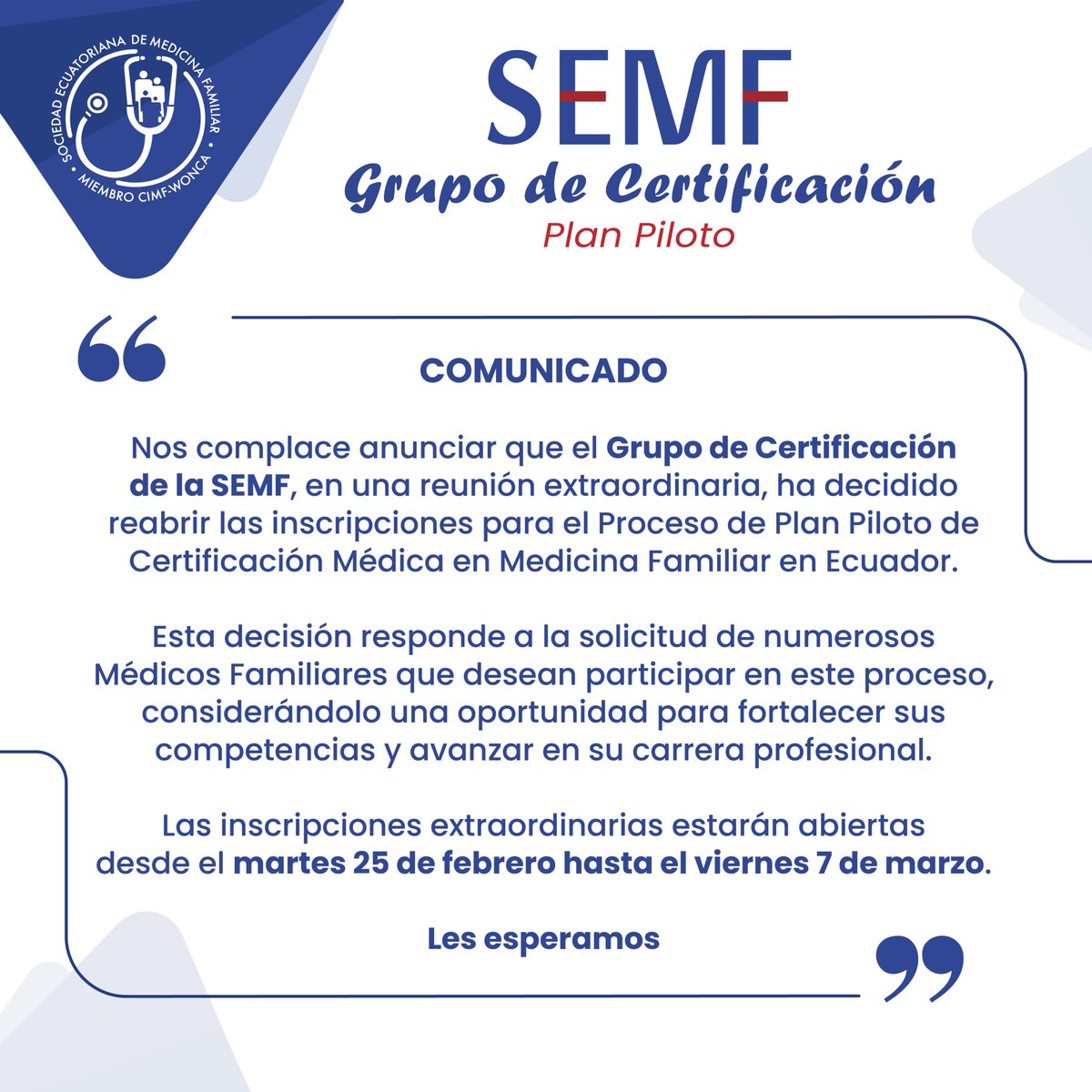 📢 *¡Atención, Comunicado!* 🌟
Nos complace anunciar que se *reabrirán* las inscripciones para el Proceso

*Fechas Importantes:*
*Reapertura de Inscripciones:* 25 de febrero
*Cierre de Inscripciones:* 7 de marzo

𝗘𝗻𝗹𝗮𝗰𝗲 𝗱𝗲 𝗜𝗻𝘀𝗰𝗿𝗶𝗽𝗰𝗶𝗼́𝗻: forms.gle/5Gccdy32QP949f…