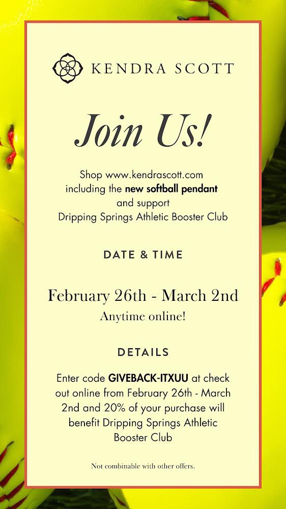 Kendra Scott is releasing their softball pendant this week &amp; the DSsoftball team is holding a fundraiser to coincide w/ the release!  Our program will receive 20% of online purchases made from Feb 26th-Mar 2nd using promotional code GIVEBACK-ITXUU.  Thank you for your support!