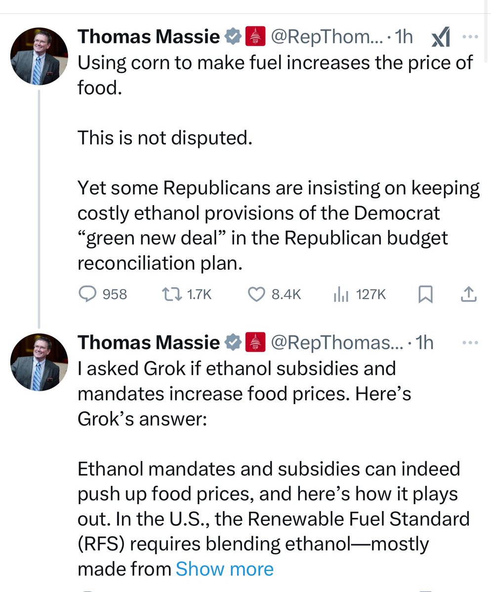 5gen_ks_farmer's tweet photo. When a congressman(@RepThomasMassie) claims $0.07 of corn in your corn flakes is inflated because of Ethanol in our fuels, and that only farmers raising corn UNDER cost of production should be allowed to farm, you vote his ASS out of office. @NationalCorn @FarmBureau @EthanolRFA https://t.co/krELqYtUUN