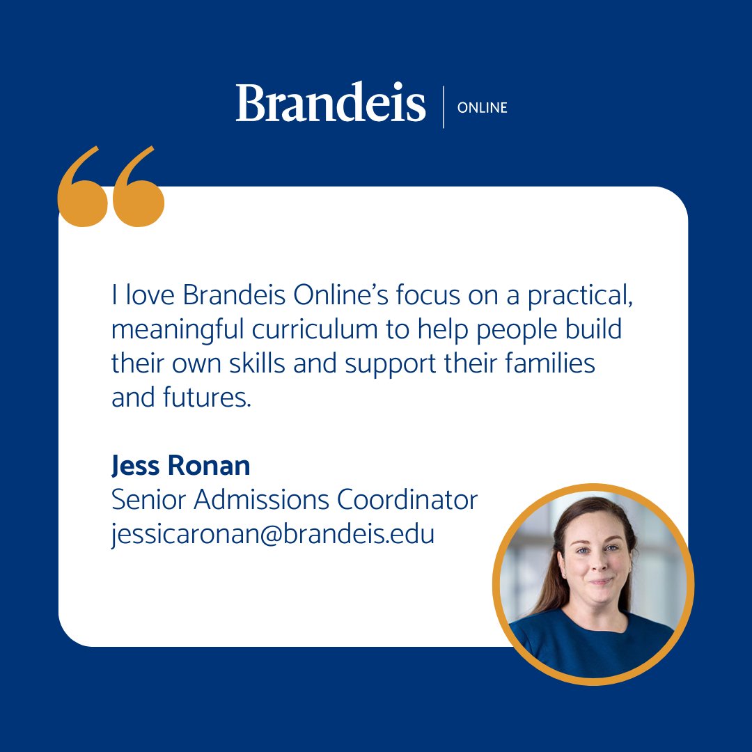 Considering applying to Brandeis Online's Spring-2 session?

Senior Admissions Coordinator Jess Ronan is here to help!

Reach out to Jess with any admissions questions at jessicaronan@brandeis.edu.

#Brandeis #BrandeisOnline #GradSchool #Admissions #MastersDegree