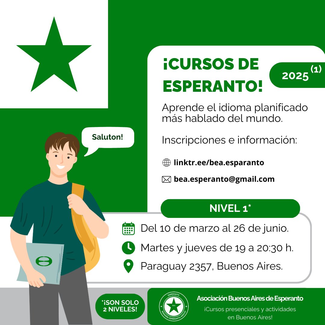 CURSOS PRESENCIALES DE ESPERANTO 2025 (1)

Informes e inscripción:
linktr.ee/bea.esperanto