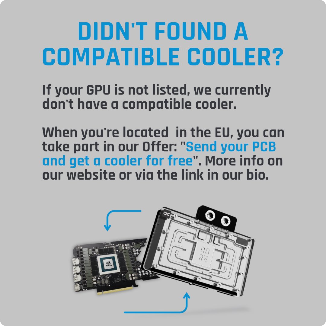 alphacool's tweet photo. Looking for the perfect cooler for your GPU? ❄️
With our GPU Configurator, finding the ideal solution is quick and easy! Just enter your GPU details and discover which coolers are fully compatible. 🔍
Find your Cooler now: https://t.co/mRW1p172Uw
#Alphacool #GPUcooler #CustomCooling #watercooling #CoolingSolutions