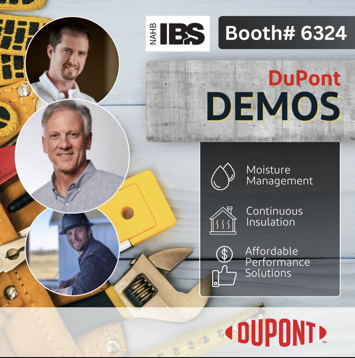 dupontpbs's tweet photo. DuPont demos are BACK at the NAHB International Builders'​ Show booth #6324. Be sure to add these sessions to your schedule for the newest tips from your favorite buliding experts! #IBS2025 #buildershow https://t.co/iFjhK72m0p