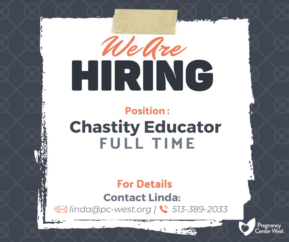FriendsofPCW's tweet image. 📢 We're Hiring!

PCW is looking for a full-time Chastity Educator! Spread the word!

📩 Contact Linda for details: 513-389-2033 or linda@pc-west.org.

#NowHiring #ChastityEducator #ProLifeJobs