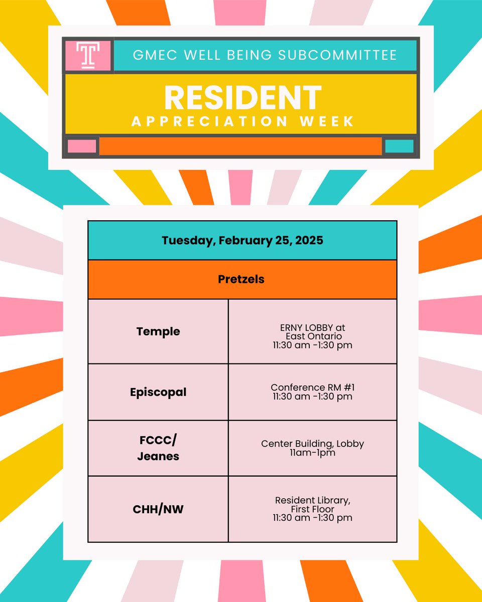 TempleGME's tweet photo. Craving for some twisty, salty goodness? Day 2 of Resident Appreciation Week is all set to spoil you with a pretzel delivery on all campuses! 🥨 Don't forget to stop by for Philly Pretzel today! https://t.co/8J2tJ5TSWd