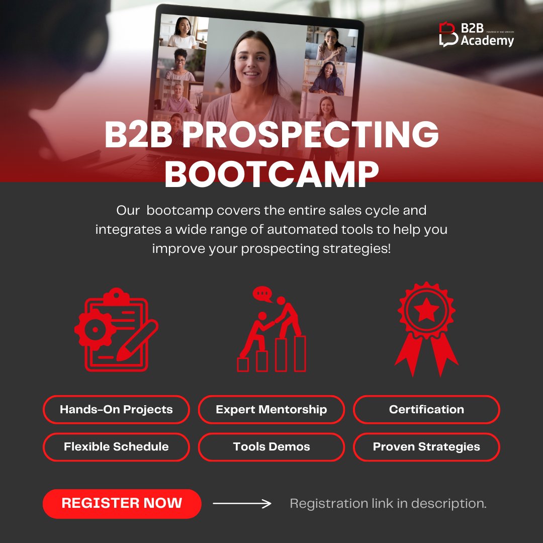 LoredanaNiculae's tweet image. Learn proven #B2Bsales strategies, automate lead generation, and grow your pipeline with our 6-week self-paced course. Register today to drive growth: 1l.ink/FCBSD8W

#Prospecting #SalesCourse