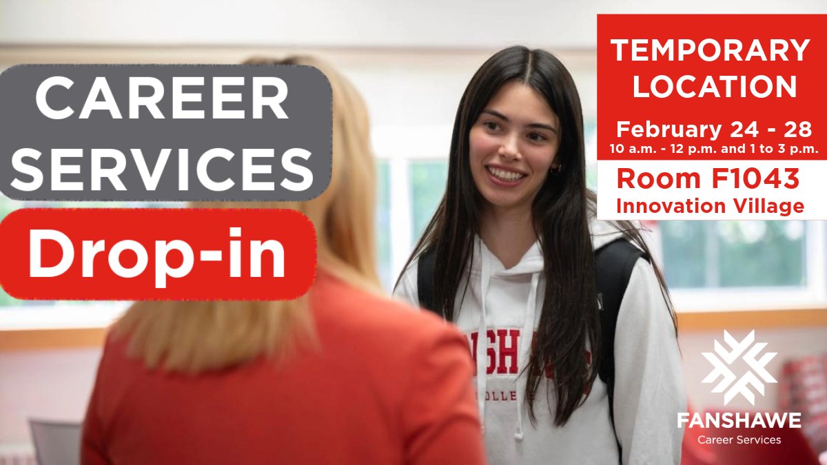 FanshaweCS's tweet image. Not sure where to begin your job search?

Drop-in to our new temporary location, all week long. Visit room F1043, Leap Junction at the London Campus. 

Drop-in services are available Monday to Friday from 10 a.m. to 12 p.m. and 1 to 3 p.m.

#FanshaweCS