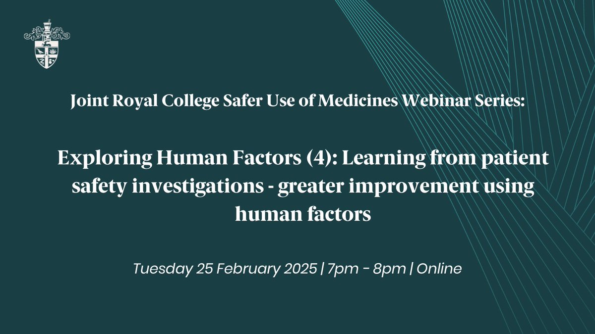 Royal Pharmaceutical Society (@rpharms) on Twitter photo Last chance to join the final webinar in our Joint Royal College Safer Use of Medicines series on Human Factors and their importance in medication safety.
Tuesday 25 February | 7pm - 8pm ow.ly/BwuO50V65hN
<a href="/RCPhysicians/">Royal College of Physicians</a>
<a href="/rcgp/">Royal College of General Practitioners</a>
<a href="/theRCN/">The RCN</a>
<a href="/RCPCHtweets/">RCPCH</a>
<a href="/BritPharmSoc/">British Pharmacological Society</a> Last chance to join the final webinar in our Joint Royal College Safer Use of Medicines series on Human Factors and their importance in medication safety.
Tuesday 25 February | 7pm - 8pm ow.ly/BwuO50V65hN
<a href="/RCPhysicians/">Royal College of Physicians</a>
<a href="/rcgp/">Royal College of General Practitioners</a>
<a href="/theRCN/">The RCN</a>
<a href="/RCPCHtweets/">RCPCH</a>
<a href="/BritPharmSoc/">British Pharmacological Society</a>