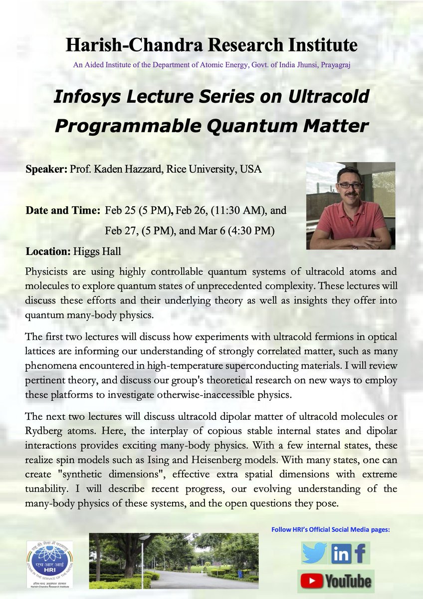 Super excited to have <a href="/QuantumHazzard/">Kaden Hazzard</a> visit us <a href="/AllahabadHri/">HRI Allahabad (Prayagraj)</a> and talk about Programmable Quantum Matter (this week) and Parastatistics (next week) :)