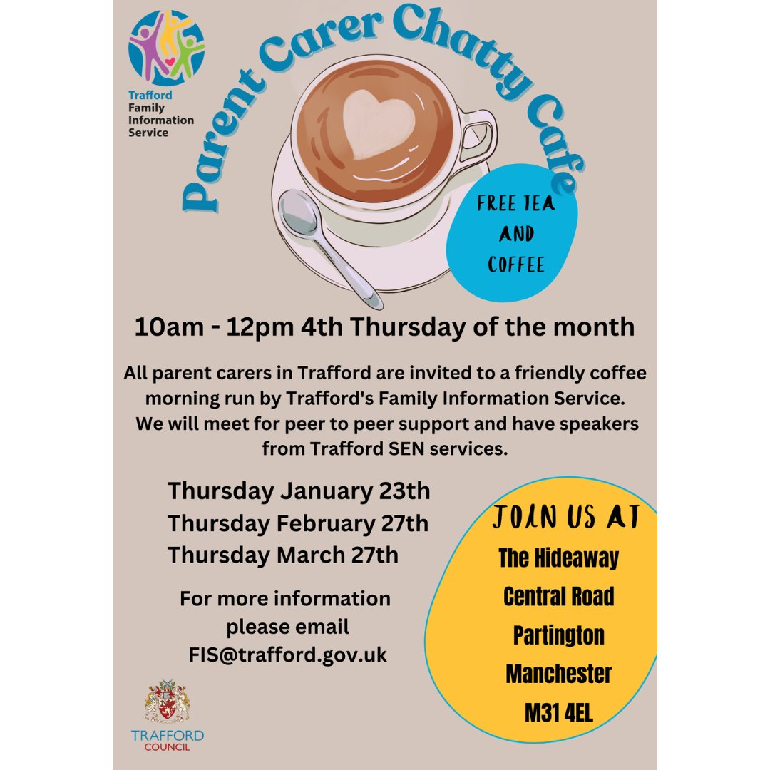 📣 Join Sarah Bradley the SEND Local Offer Advisor from FIS on Thursday 10 AM-12 PM at The Hideaway for the SEND Parent Carers Chatty Café! Enjoy FREE tea &amp; coffee and connect with fellow carers and guest speakers. More Info: ow.ly/SL5u50UK0lr