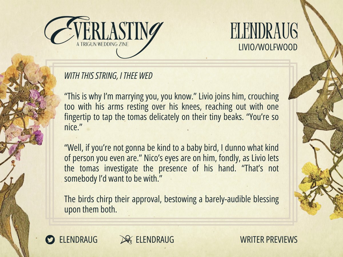 𝐖𝐑𝐈𝐓𝐄𝐑 𝐏𝐑𝐄𝐕𝐈𝐄𝐖 — Elendraug (<a href="/elendraug/">Caliborn is right 🐀</a>) has a sugary-sweet Livwood fic in the zine! 

💍 𝐄𝐯𝐞𝐫𝐥𝐚𝐬𝐭𝐢𝐧𝐠 is coming out tonight!