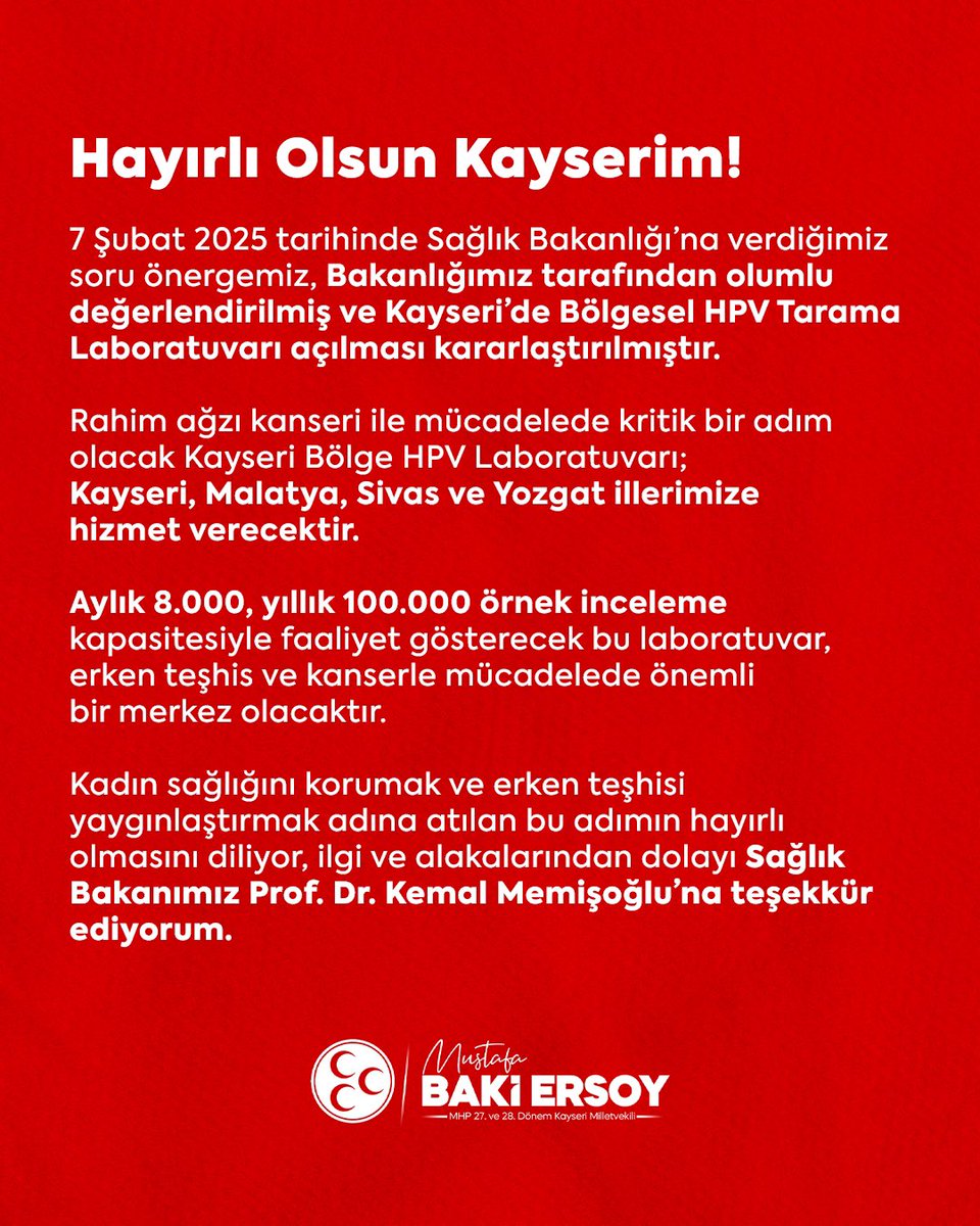 bakiersoymhp's tweet photo. Hayırlı Olsun Kayserim!

7 Şubat 2025 tarihinde Sağlık Bakanlığı’na verdiğimiz soru önergemiz, Bakanlığımız tarafından olumlu değerlendirilmiş ve Kayseri’de Bölgesel HPV Tarama Laboratuvarı açılması kararlaştırılmıştır.

Rahim ağzı kanseri ile mücadelede kritik bir adım olacak Kayseri Bölge HPV Laboratuvarı; Kayseri, Malatya, Sivas ve Yozgat illerimize hizmet verecektir.

Aylık 8.000, yıllık 100.000 örnek inceleme kapasitesiyle faaliyet gösterecek bu laboratuvar, erken teşhis ve kanserle mücadelede önemli bir merkez olacaktır. Kadın sağlığını korumak ve erken teşhisi yaygınlaştırmak adına atılan bu adımın hayırlı olmasını diliyor, ilgi ve alakalarından dolayı Sağlık Bakanımız Prof. Dr. Kemal Memişoğlu’na teşekkür ediyorum.