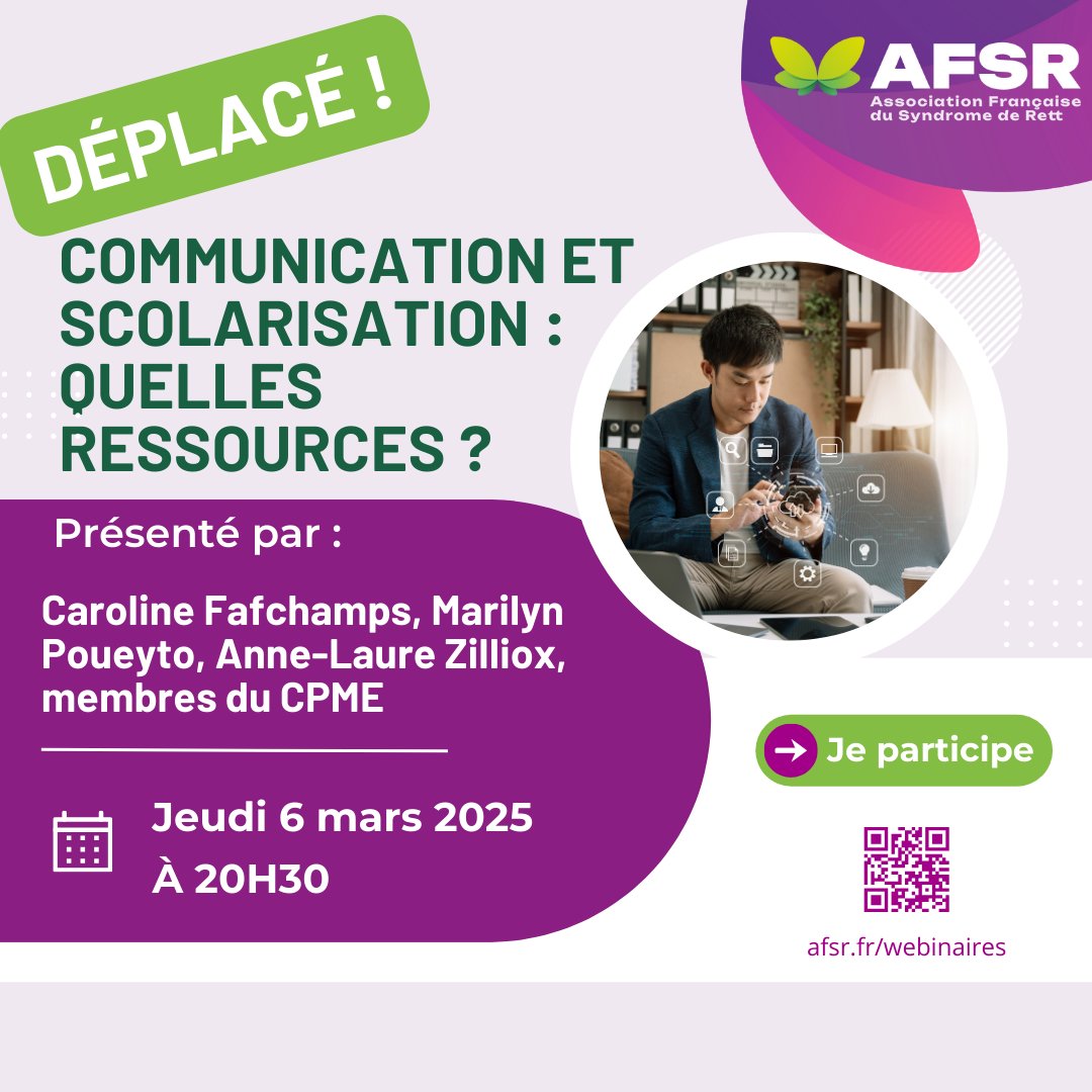 ATTENTION : Webinaire déplacé !

🚨 Le webinaire "Communication et scolarisation : quelles ressources ?" qui devait se tenir ce soir à 20h30 est déplacé au jeudi 6 mars 2025 à la même heure. 

👉 Pour participer, rdv ici : afsr.fr/webinaires/