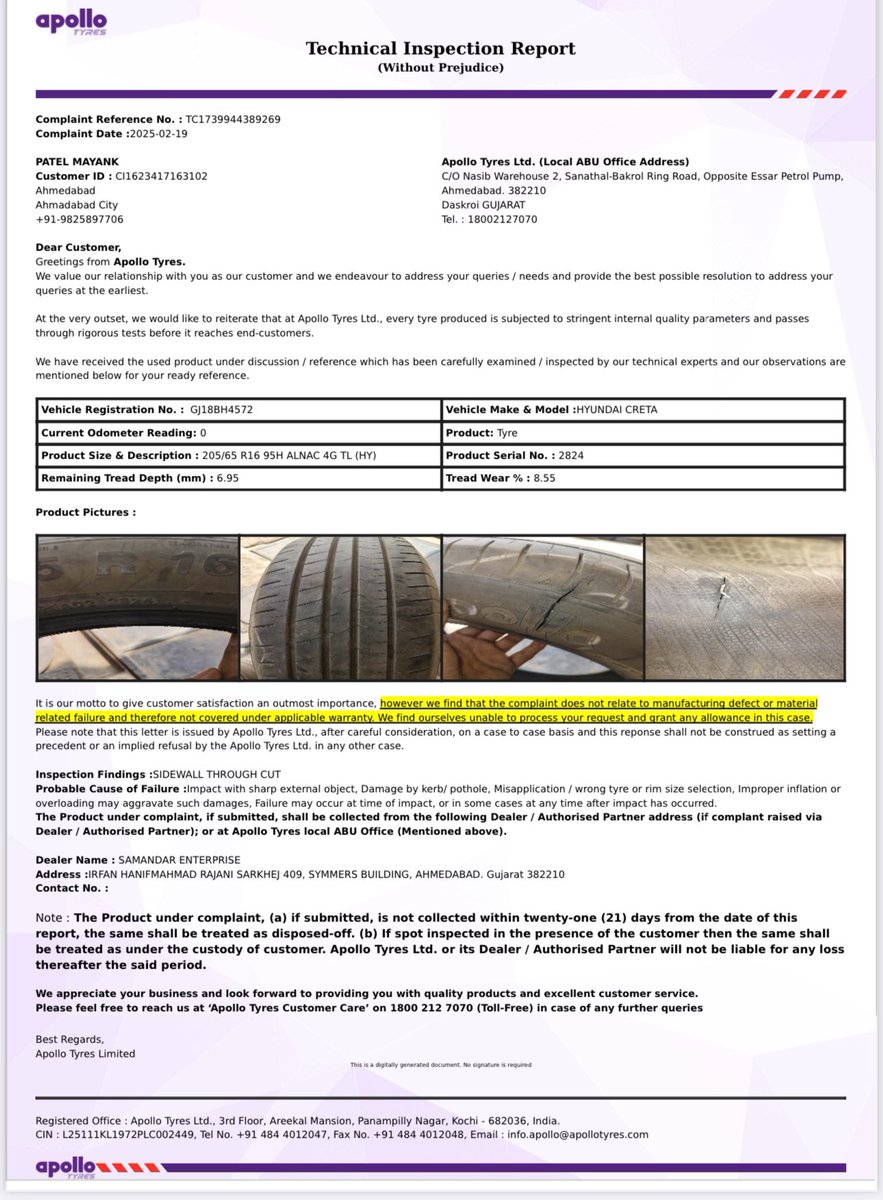 PatelMays's tweet photo. @apollotyres Worst service by apollo https://t.co/NppbKu4PGH