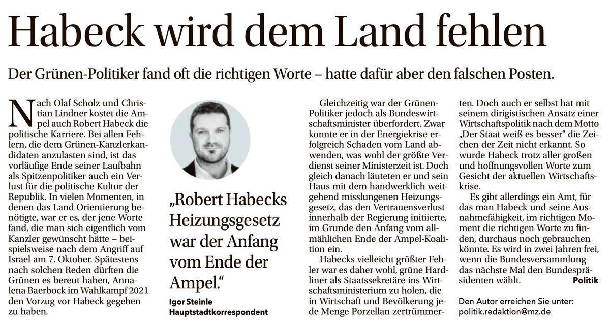 Robert wird uns als Zugpferd &amp; in Spitzenpositionen fehlen. Selbst die <a href="/mzwebde/">mz-web.de</a> schätzt ihn &amp; lobt <a href="/roberthabeck/">Robert Habeck</a>|s  Fähigkeit die richtigen Worte zu finden, eine attraktive politische Kultur zu verspühen &amp; seinen großen Verdienst Deutschland gut durch die Energiekrise zu bringen.