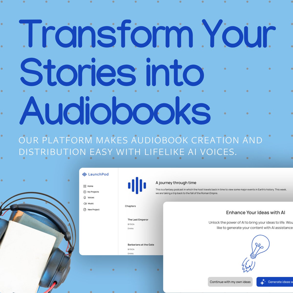 TLLpodcasts's tweet photo. Struggling to turn your book into an audiobook? We’ve got you covered!

With Launchpod’s AI-powered voices, you can create a high-quality audiobook in minutes—at a fraction of the cost! Know More - https://t.co/mnsrZfjWkK 

#AudiobookCreation #AIInnovation https://t.co/71Uw6ICGNm