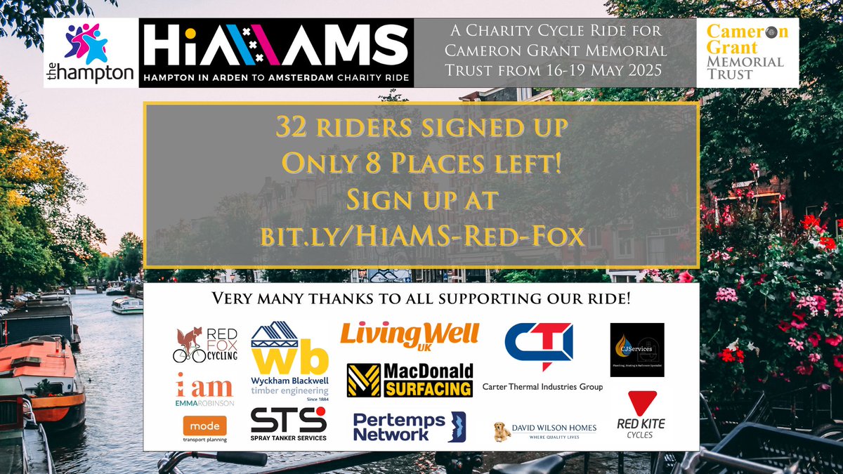32 riders have signed up to cycle from Hampton to Amsterdam for mental health awareness &amp; suicide prevention. We have 8 remaining places. Please join us &amp; please share to encourage others to join too! bit.ly/HiAMS-Red-Fox

#mentalhealthawareness #suicideprevention #charityride