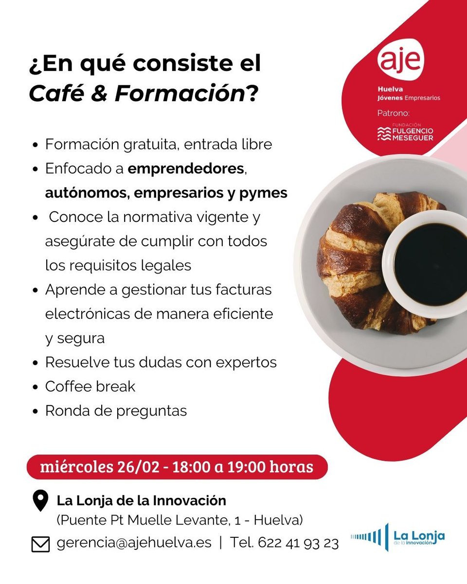 🚨 ¡Mañana llega a #LaLonja una nueva formación de <a href="/AjeHuelva/">AJE Huelva</a> sobre la facturación electrónica obligatoria y de sus aspectos legales!

📆 Miércoles 26/02
🕒 18:00 a 19:00 horas
📍 En La Lonja de la Innovación
🎟️ Inscripciones gratuitas: tally.so/r/mV4lG6

¡Te esperamos!