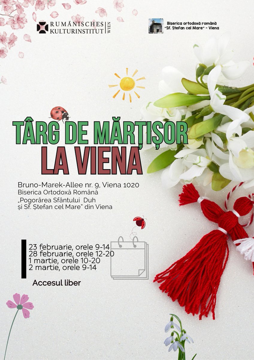 Märzchen Markt in Wien / Târg de Mărțișor la Viena!
bis 2 März
Bruno-Marek Alee 9, 1020 Wien

#icr #rkiwien #mărțișor