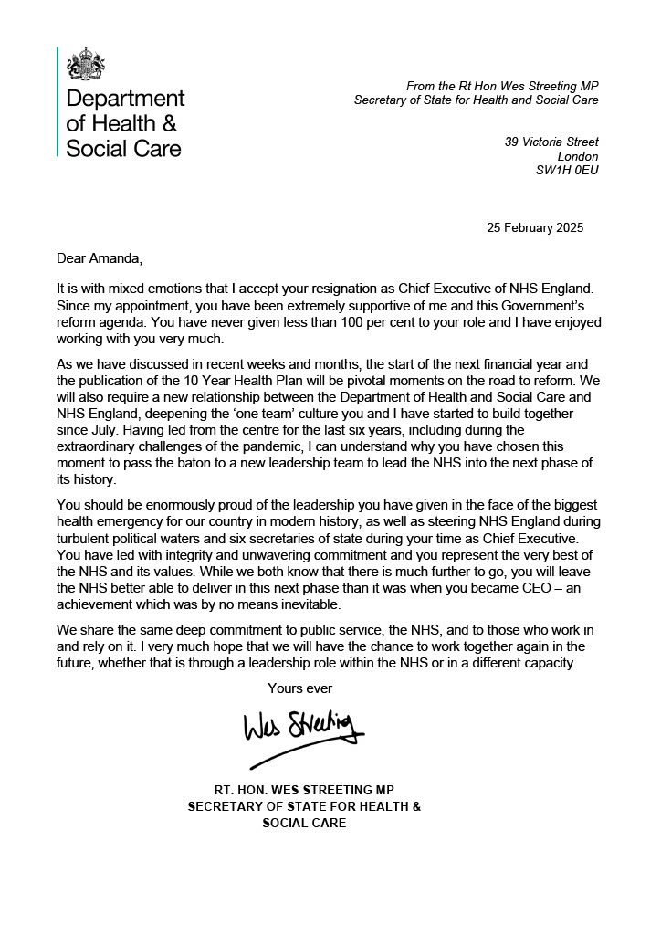 Wes Streeting (@wesstreeting) on Twitter photo .<a href="/AmandaPritchard/">Amanda Pritchard</a> can be enormously proud of the leadership she's shown and decades of service she's given the NHS.
She steered NHS England out of the pandemic, during turbulent political waters and six secretaries of state.
She has led with integrity and unwavering commitment. .<a href="/AmandaPritchard/">Amanda Pritchard</a> can be enormously proud of the leadership she's shown and decades of service she's given the NHS.
She steered NHS England out of the pandemic, during turbulent political waters and six secretaries of state.
She has led with integrity and unwavering commitment.