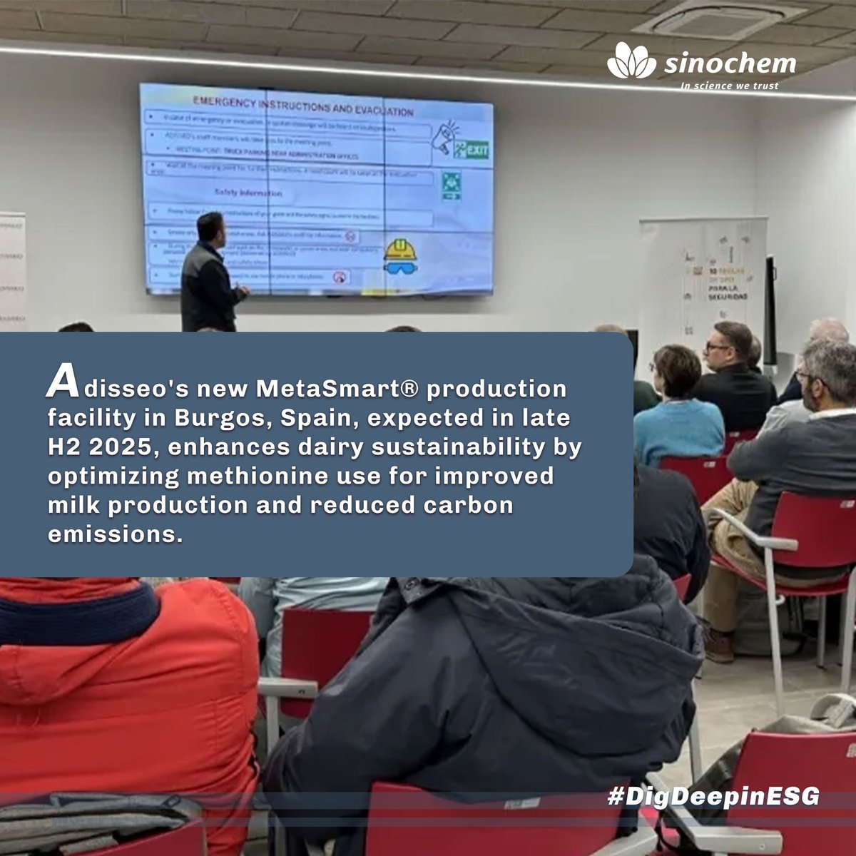 SinochemNews's tweet photo. #DigDeepinESG
@Adisseo's new MetaSmart® production facility in Burgos, Spain, is expected in late H2 2025. The company aims to enhance dairy sustainability by leveraging its expertise in amino acid balancing, using its MetaSmart® product to improve milk production and cow health while reducing nitrogen emissions and carbon footprint.✨