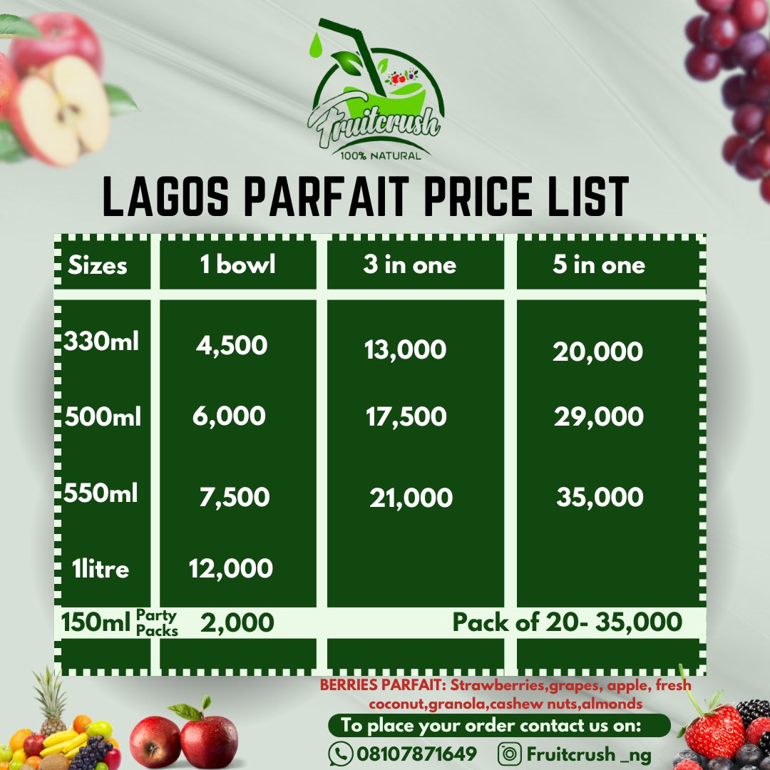 Pre-order your 3-in-1 or 5-in-1 parfait package &amp; enjoy discounted delivery this week only!

🚚 Island Delivery: ₦2,000 Anywhere on the Island
🚚 Mainland Delivery: ₦4,000 Anywhere on the Mainland
Send us DM or reach out to us on WhatsApp to place your orders.

#Vina2025