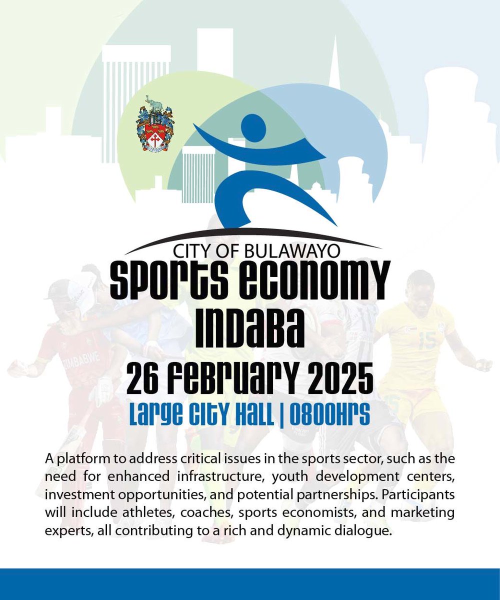 CityofBulawayo's tweet photo. On Wednesday the 26th of February 2025 the City of Bulawayo will be hosting a Sports Economy Indaba, a platform to address critical issues in the sports sector, such as the need for enhanced infrastructure, youth development centers, investment opportunities, and potential partnerships. 

We would be pleased to have you join us for the event. Kindly fill in the registration form using the link below.

https://t.co/i86Zx7bEjx