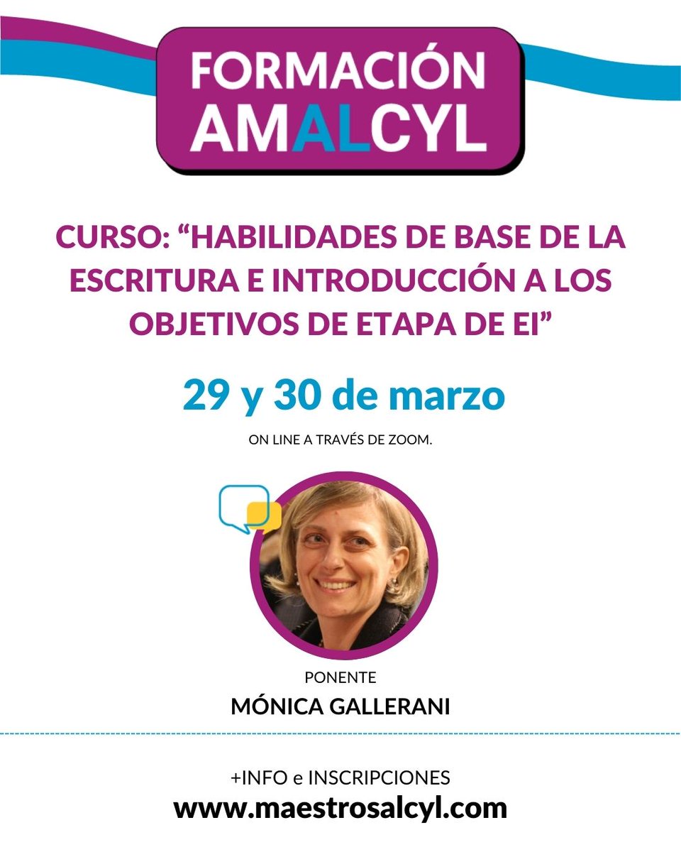 FORMACIÓN ON LINE (no se graba)
📆Fecha: 29 y 30 de marzo de 2025.
🕑De 10:00 a 14:00 (8 horas)
👩‍🏫Ponente: Mónica Gallerani
💸Socios AMALCYL/FEMAL: 30€
Estudiantes ULE/UVA: 30€
No socios: 60€ maestrosalcyl.com 
N° de cuenta: ES1400497537592810009727
¡¡PLAZAS LIMITADAS!!