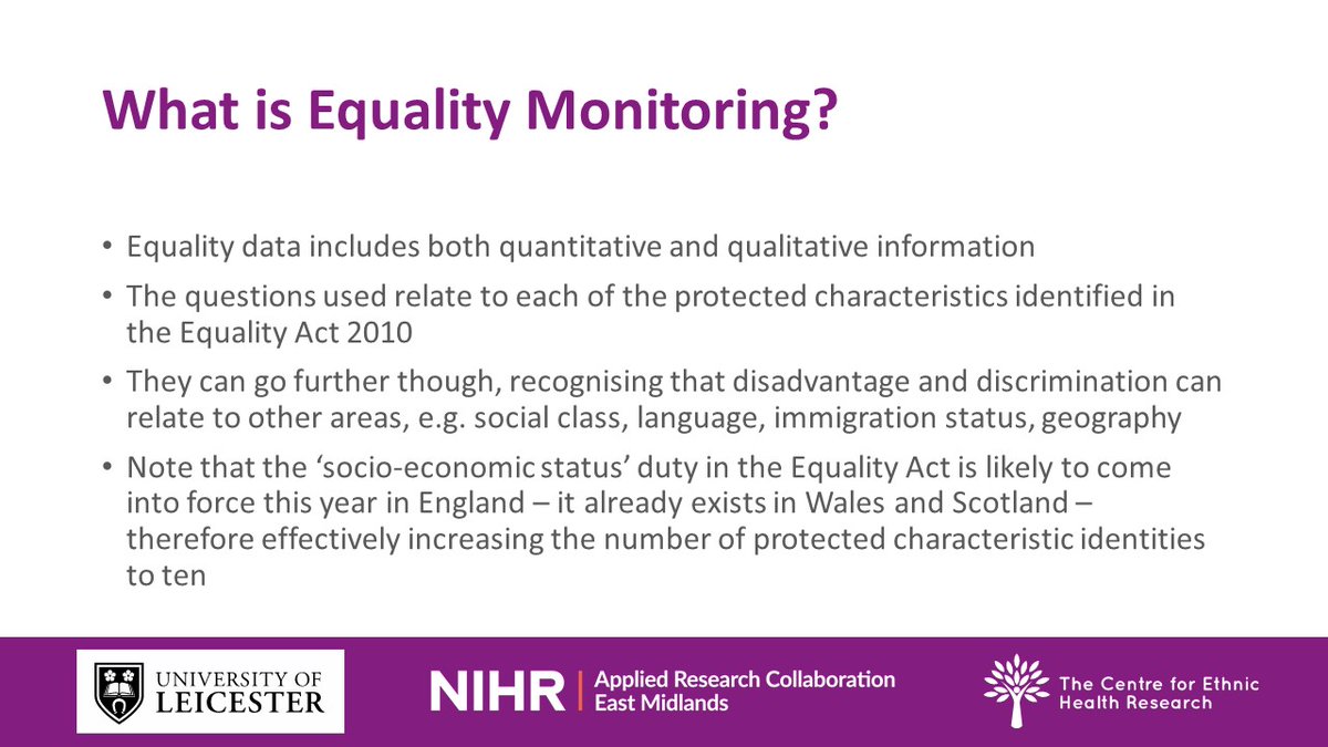 Centre for Ethnic Health Research (@ethnichealthres) on Twitter photo <a href="/ARC_EM/">NIHR ARC East Midlands</a> <a href="/AshRouten/">Ash Routen</a> <a href="/leicsparta/">Julian Harrison</a> <a href="/carolARCEastMid/">carol akroyd 💙</a> Kicking off todays' #EqualityInResearchMatters webinar is <a href="/leicsparta/">Julian Harrison</a> with an overview of:
- What Equality Monitoring is
- Why we collect data
- What we have learned through data collection
#EqualityInResearchMatters <a href="/ARC_EM/">NIHR ARC East Midlands</a> <a href="/AshRouten/">Ash Routen</a> <a href="/leicsparta/">Julian Harrison</a> <a href="/carolARCEastMid/">carol akroyd 💙</a> Kicking off todays' #EqualityInResearchMatters webinar is <a href="/leicsparta/">Julian Harrison</a> with an overview of:
- What Equality Monitoring is
- Why we collect data
- What we have learned through data collection
#EqualityInResearchMatters