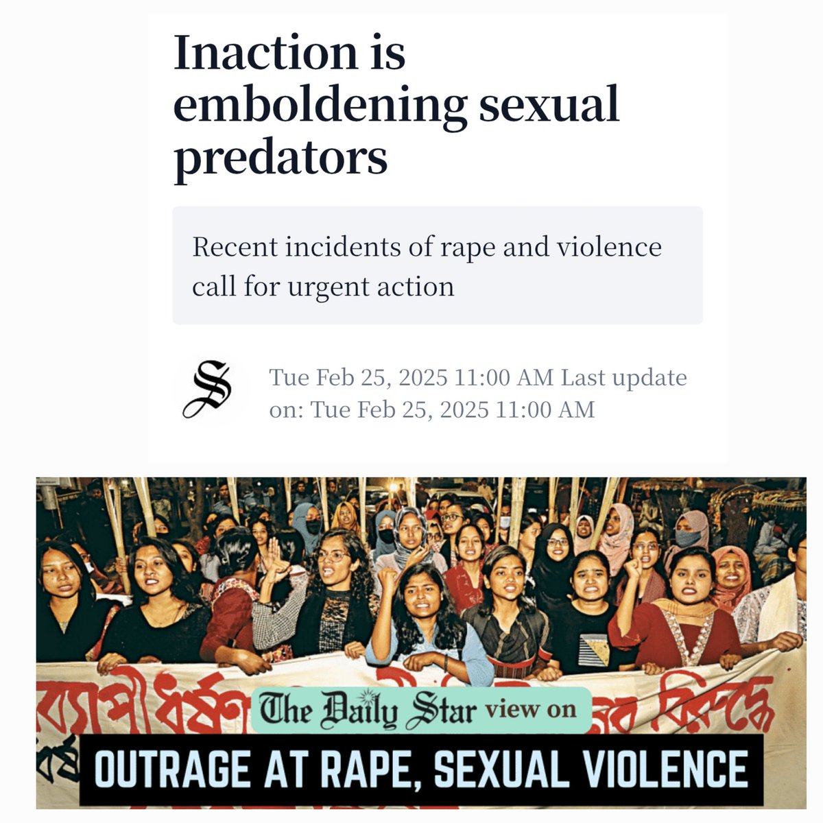 bdwatch2024's tweet photo. .@dailystarnews editorial on rising sexual crimes against #women in "new" #Bangladesh under the Dr. #Yunus-led Interim Govt: 

"We are alarmed by the frequent incidents of #rape and #sexual #violence reported across the country...The list of such horrific incidents continues to grow. Unfortunately, the government's response to such crimes remains largely inadequate. In this regard, the silence of the women and children's affairs adviser—who is a women's rights activist herself—comes as particularly troubling. Such inaction only emboldens the criminals and heightens fear over women's safety...

...It should be noted that the interim government has failed to effectively restore law and order even after the passing of more than six months. Besides crimes of sexual nature, mugging, robbery, and violent clashes between different groups have also increased nationwide. This naturally raises the question: what are law enforcement agencies doing to curb these crimes? And why are crimes against women and children not getting the attention they deserve?"

Read more🔽
https://t.co/O6Ee6c1Z1Z

The rise in sexual violence against women must also be seen in the broader context of increased moral policing of #women in public since August 2024. There have been numerous instances of women taking to social media to share their horror stories of being verbally abused, harassed, and even assaulted in public places due to "not covering up properly". 

Top actresses have had their public professional engagements forcibly cancelled due to objections from #Islamist groups linked to the Interim Govt like the #HefazateIslam. Multiple #girls' #football matches have been cancelled, and the organisers attacked. 

Bangladesh achieved remarkable strides in women empowerment in the last two decades. But all the achievements now seem to be on the way to being "undone". 

.....

#BangladeshCrisis #UNWomen @unwomenchief @unwomenasia #AllEyesOnBangladeshiWomen @amnesty @amnestysasia @hrw @RFKHumanRights @StateDRL @FCDOHumanRights @DRL_AS @ESandersFCDO @forum_asia @EURightsAgency @fidh_en @UN_Women @UNHumanRights @volker_turk @HumanRightsCtte @TiranaHassan @AgnesCallamard @meeganguly @HRF @HannahEP @SamiraHussain15 @schipperlena