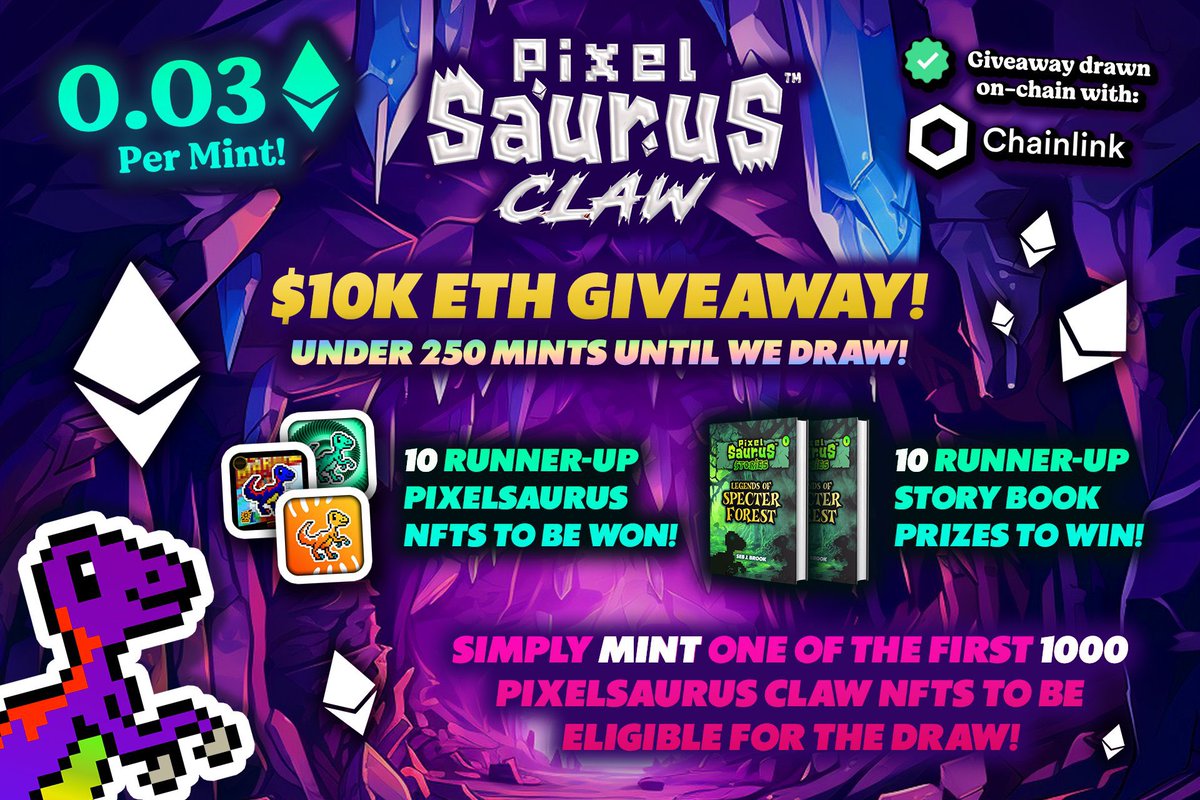 Under 225 mints to go until we draw our $10k ETH winner!

Simply MINT a PixelSaurus Claw #nft for just 0.03 ETH to be in the running!

Customize your Traits for FREE • Play Games • Explore Maps • Read Stories &amp; More!

EACH mint is an entry! 👇🦕🦖🌋
🔗  opensea.io/collection/pix…