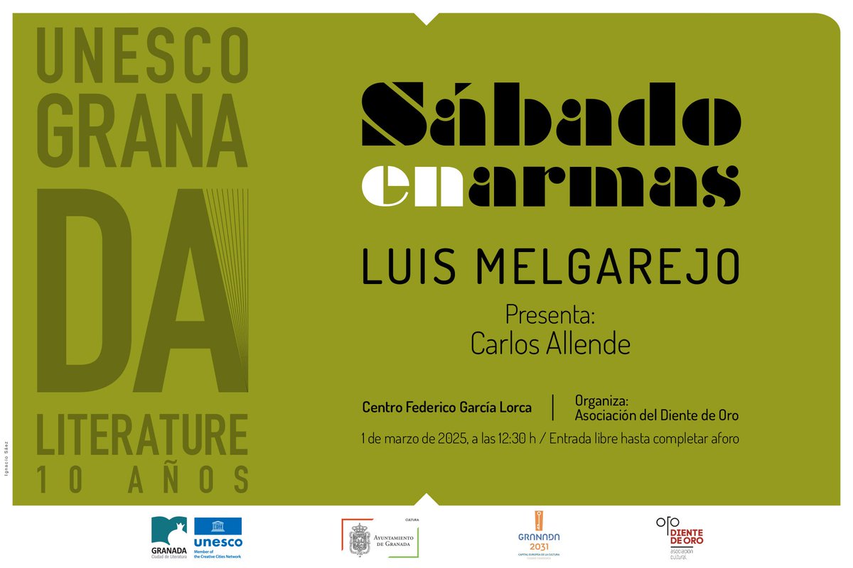 AdelDientedeOro's tweet photo. Nueva sesión del ciclo Sábado en armas, en esta ocasión con  Luis Melgarejo (La Zubia, 1977) como invitado. Con él conversará @allcarlito. Como siempre, a las 12.30 en el diáfano @CentroFGL. ¡Os esperamos! https://t.co/acCwCTAIgC