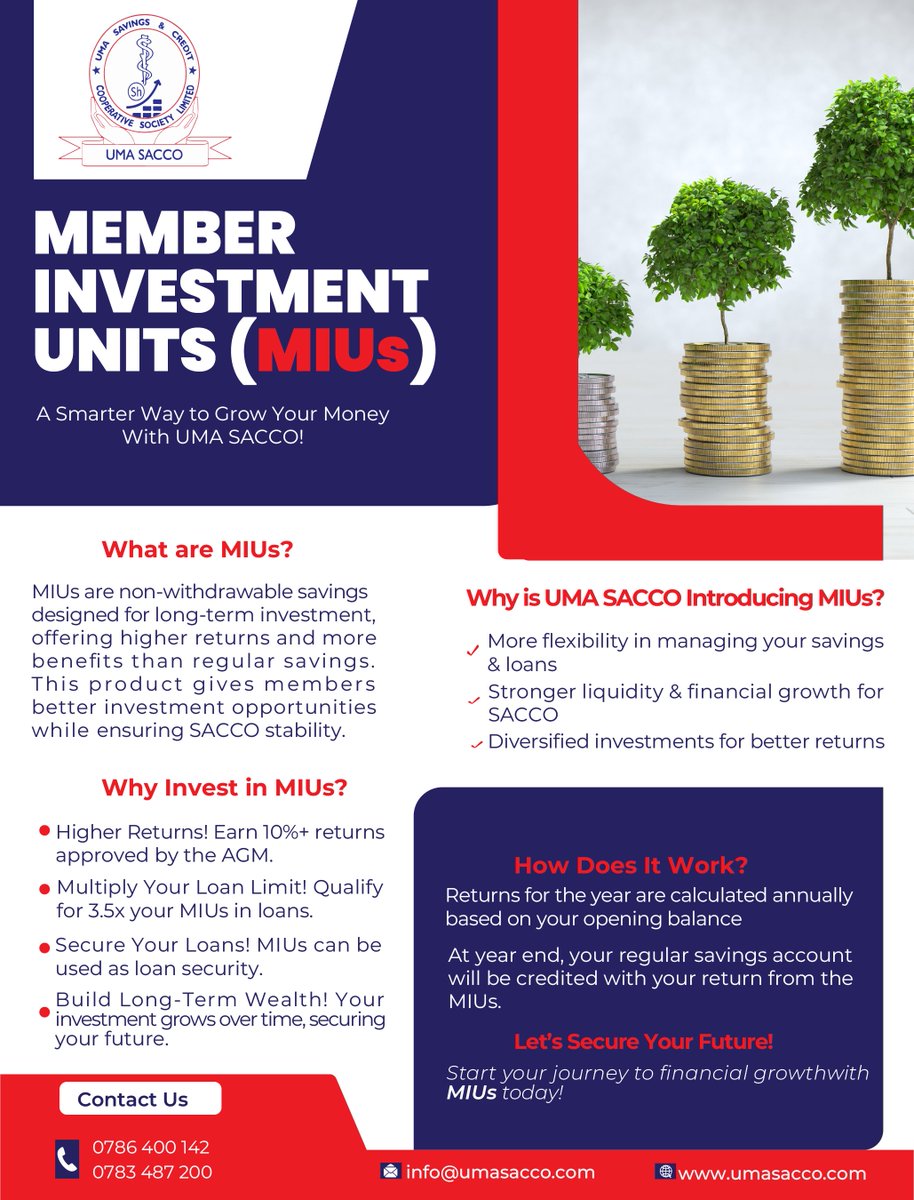🚀 A smarter way to grow your money is coming soon! We are launching Member Investment Units (MIUs) to help you earn higher returns, expand your loan eligibility, and build long-term wealth.

📢 Check out the brochure and ask us anything!

#UMASACCO #MIUs #InvestmentOpportunity