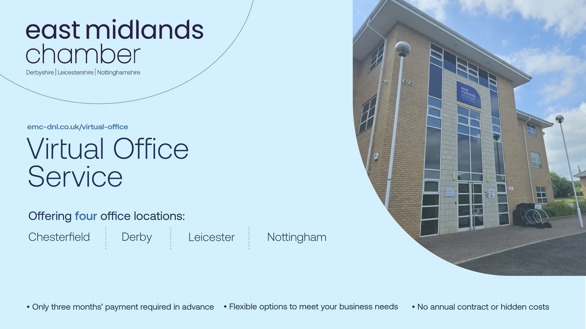 Make the most of our Virtual Office Service. Available at our Chesterfield, Leicester, Nottingham, and Derby locations.

➡️For more details, click here: bit.ly/3RHF3uz  

#EastMidlandsChamber #Smallbusinesssupport