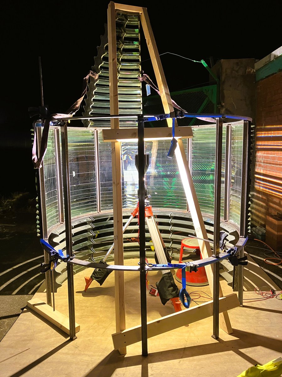 Bringing a modern glow to a historical beacon! We’re looking into repurposing a heritage lighthouse lens with the addition of a modern LED lamp. Prisms are constructed into a makeshift lens to measure the light emitted and ensure it meets navigational standards. 
#lightingtheway