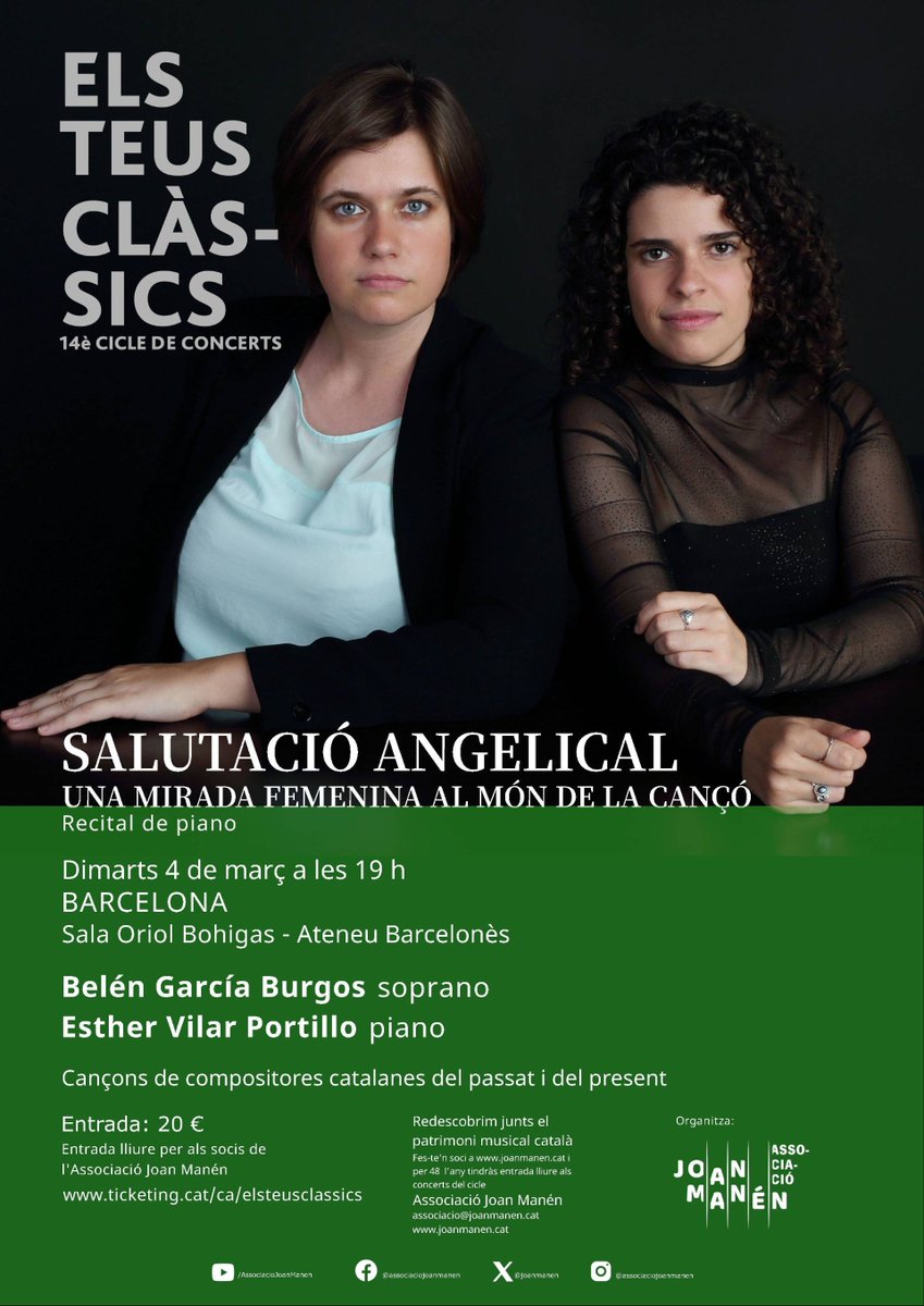 B. Humanitats UAB (@bhumanitatsuab) on Twitter photo ✨ No et perdis el concert "Salutació angelical, una mirada femenina al món de la cançó", a l'<a href="/AteneuBCN/">Ateneu Barcelonès</a>!
🎤🎹Amb la soprano Belén García Burgos i la pianista Esther Vilar Portillo.
Dimarts 4 de març
19 h.
🎶A més, estrena de "Tres pinzellades" d'Anna Campmany!
#ElsTeusClàssics ✨ No et perdis el concert "Salutació angelical, una mirada femenina al món de la cançó", a l'<a href="/AteneuBCN/">Ateneu Barcelonès</a>!
🎤🎹Amb la soprano Belén García Burgos i la pianista Esther Vilar Portillo.
Dimarts 4 de març
19 h.
🎶A més, estrena de "Tres pinzellades" d'Anna Campmany!
#ElsTeusClàssics