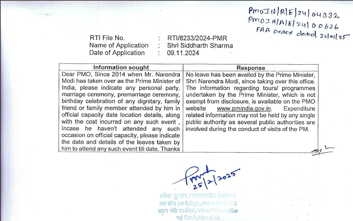sidds2012's tweet photo. #RTIReply #RTIUpdate:
𝐐𝐮𝐞𝐫𝐲:
Dear PMO,
Since 2014 when Mr. Narendra Modi has taken over as the Prime Minister of India, please indicate any personal party, marriage ceremony, pre-marriage ceremony, birthday celebration of any dignitary, family friend or family member attended by him in official capacity date location details, along with the cost incurred on any such event. Incase he haven't attended any such occasion on official capacity, please indicate the date and details of the leaves taken by him to attend any such event till date. Thanks!!!
𝐑𝐞𝐩𝐥𝐲:
No leave has been availed by the Prime Minister, Shri Narendra Modi, since taking over this office. The information regarding tours/ programmes undertaken by the Prime Minister, which is not exempt from disclosure, is available on the PMO website https://t.co/0QP3SSMwGm. Expenditure related information may not be held by any single public authority as several public authorities are involved during the conduct of visits of the PM.
𝐒𝐨, 𝐨𝐮𝐫 #𝐍𝐨𝐧𝐁𝐢𝐨𝐥𝐨𝐠𝐢𝐜𝐚𝐥 𝐝𝐢𝐝 𝐧𝐨𝐭 𝐚𝐭𝐭𝐞𝐧𝐝𝐞𝐝 𝐚 𝐬𝐢𝐧𝐠𝐥𝐞 𝐩𝐫𝐨𝐠𝐫𝐚𝐦 𝐢𝐧 𝐏𝐞𝐫𝐬𝐨𝐧𝐚𝐥 𝐂𝐚𝐩𝐚𝐜𝐢𝐭𝐲. 𝐖𝐞 #𝐓𝐚𝐱𝐏𝐚𝐲𝐞𝐫𝐬 𝐛𝐥𝐞𝐰 𝐞𝐯𝐞𝐫𝐲 𝐩𝐞𝐧𝐧𝐲 𝐟𝐫𝐨𝐦 𝐨𝐮𝐫 𝐩𝐨𝐜𝐤𝐞𝐭 𝐛𝐞 𝐢𝐭 𝐠𝐨𝐢𝐧𝐠 𝐭𝐨 𝐦𝐞𝐞𝐭 𝐡𝐞𝐫 𝐦𝐨𝐭𝐡𝐞𝐫 𝐨𝐫 𝐚𝐭𝐭𝐞𝐧𝐝𝐢𝐧𝐠 𝐌𝐚𝐫𝐫𝐢𝐚𝐠𝐞 𝐅𝐮𝐧𝐜𝐭𝐢𝐨𝐧𝐬 & 𝐎𝐭𝐡𝐞𝐫 𝐏𝐞𝐫𝐬𝐨𝐧𝐚𝐥 𝐎𝐜𝐜𝐚𝐬𝐬𝐢𝐨𝐧𝐬 𝐛𝐲 𝐡𝐢𝐦!!!
𝐇𝐨𝐰 𝐋𝐮𝐜𝐤𝐲 𝐚𝐫𝐞 𝐖𝐞 𝐈𝐧𝐝𝐢𝐚𝐧𝐬!!! 🇮🇳🚩💪
#यही_समय_है_सही_समय_है_MP #FairDelimitationForTN #सज्जनकुमार
