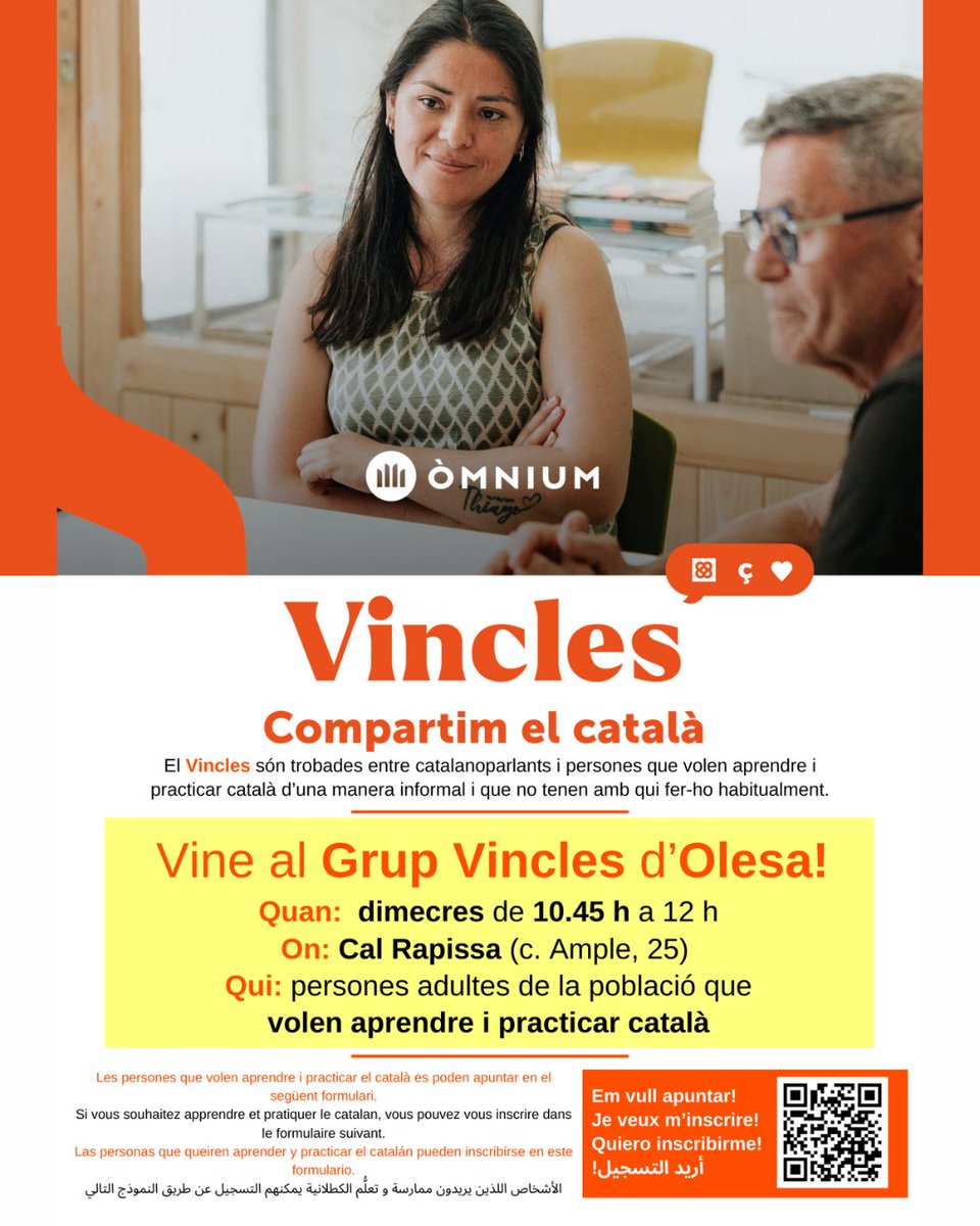 🔴 INTEGRACIÓ

🗣 <a href="/omniumPlaMont/">Òmnium Pla de Montserrat</a> duu a terme un projecte destinat a potenciar trobades entre catalanoparlants i persones que vulguin aprendre i practicar el #català: #Vincles.
#Olesa
👇🏻