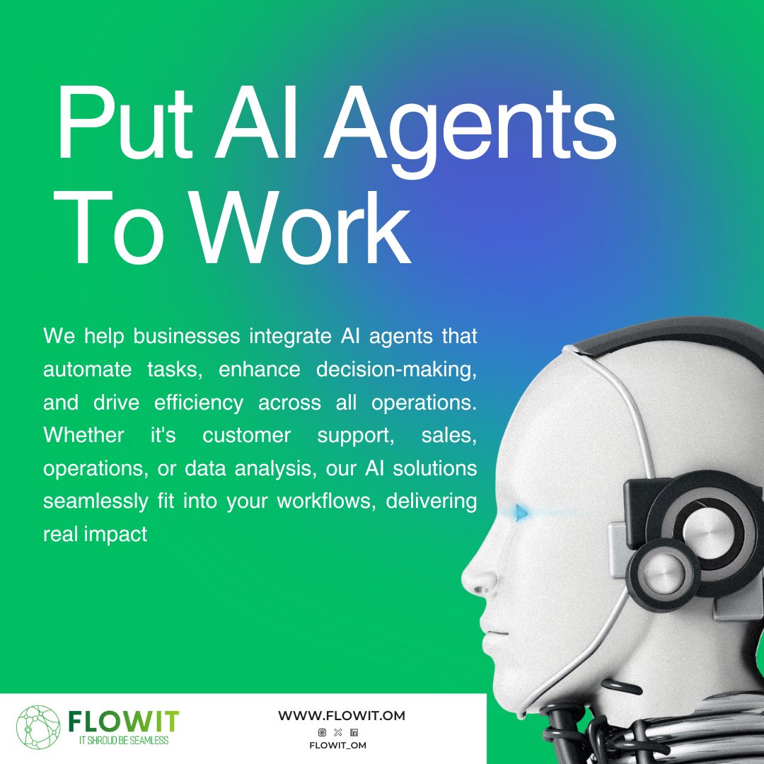 Flowit_OM's tweet photo. We integrate AI agents into every corner of your business—boosting efficiency, automation, and growth. 🚀 

Let’s make AI work for you! 💡 👏 https://t.co/sWkpUHVmFn