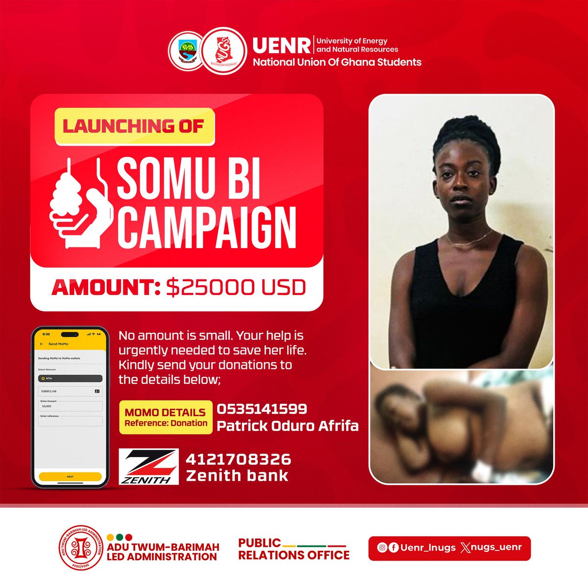 Support the SOMU BI CAMPAIGN to help save a life. Every contribution counts, no matter how small. Donate now to make a difference. 

#SaveALife #SOMUBICampaign #UENR