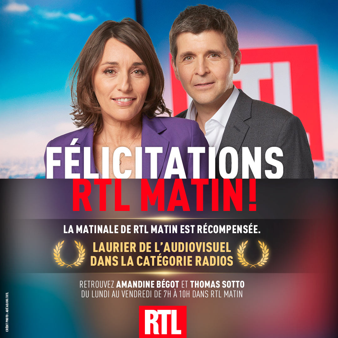 👏 Bravo #RTLMatin, lauréat d'un Laurier de l'Audiovisuel dans la catégorie Radios <a href="/ClubAudiovisuel/">Club de l'Audiovisuel</a> 

➡️ Retrouvez <a href="/amandine_begot/">Amandine Bégot</a> et <a href="/ThomasSotto/">Thomas Sotto</a> du lundi au vendredi de 7h à 10h sur <a href="/RTLFrance/">RTL France</a> !