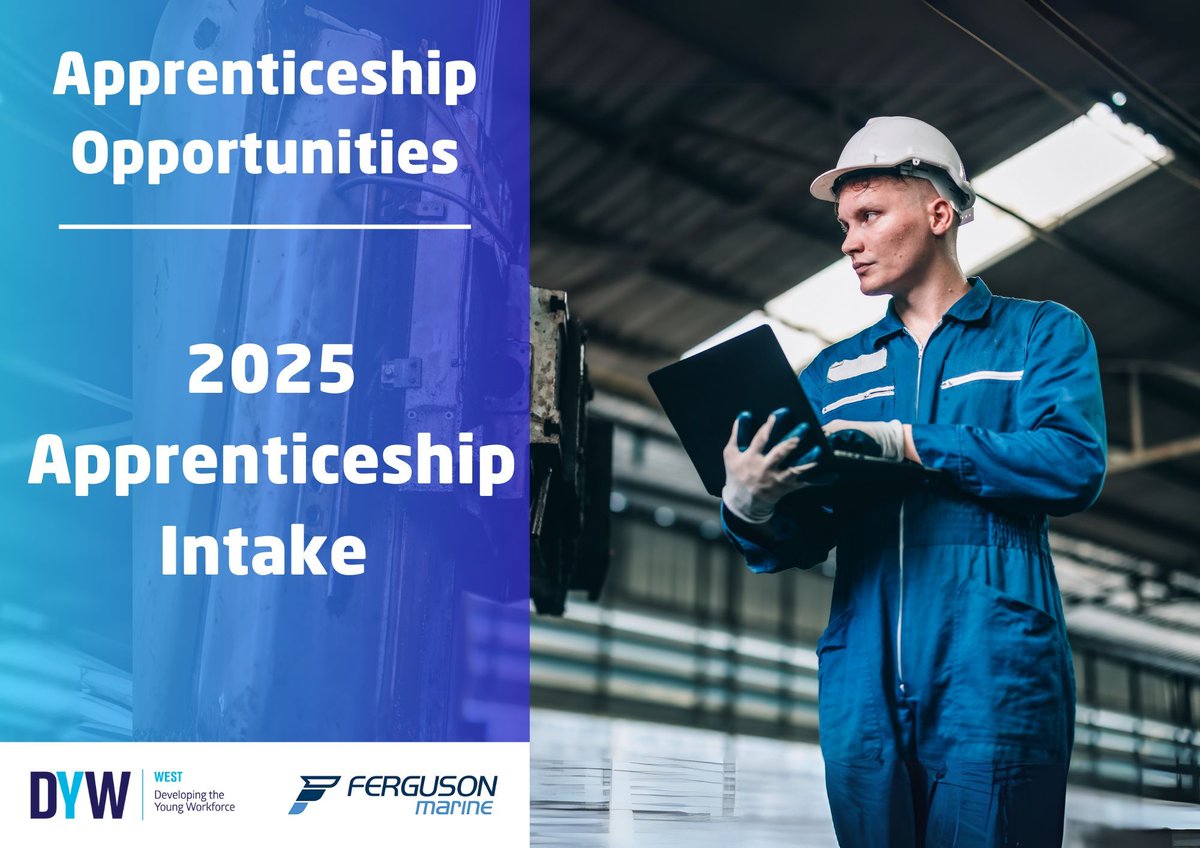 DYWWEST's tweet image. 📣 Ferguson Marine are recruiting #Apprentices

If you're 16-24 with (or expecting) National 5s at B or above in Maths, English, Science, or Technical by August 2025 then you can request an application form by emailing apprenticeships@fergusonmarine.com

🗓️ Apply by 31st May