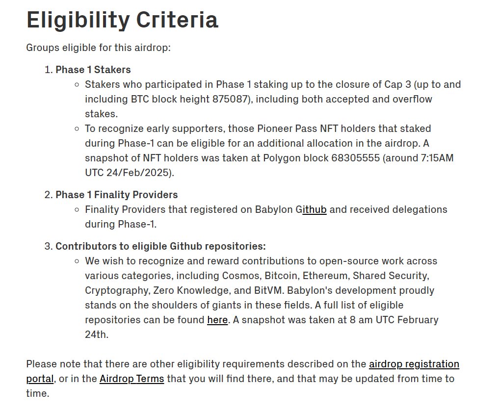 Check airdrop Babylon now
Link: airdrop.babylon.foundation
Eligibility Criteria in here 🔽