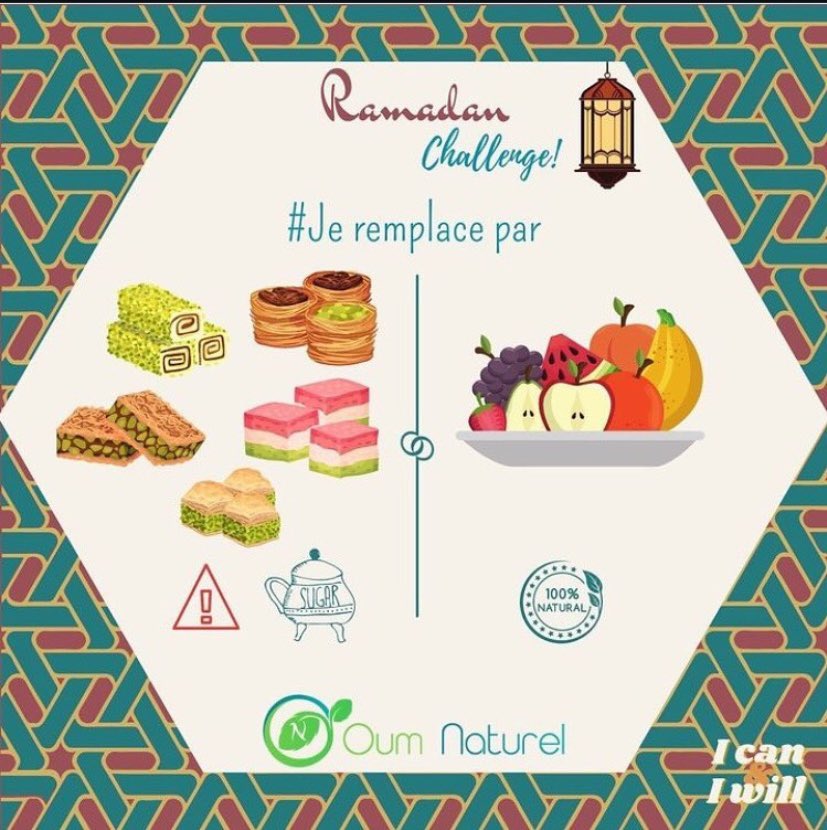 OumNaturel's tweet photo. 🌙 Ramadan Challenge : Dernier Round ! 🌙

Promis, c'est la dernière fois que je vous parle de sucre, gras et additifs 😆 ! Si tu suis  mes conseils, bravo 🎉. Sinon… on en reparle après l'Aïd quand tu voudras faire une detox 😜. https://t.co/R0wVBdX03j