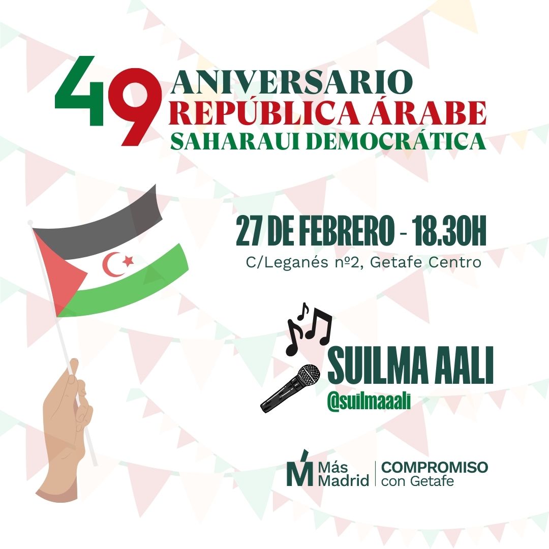 ➡️Jueves 27
➡️18.30h 
➡️Encuentro festivo por la memoria del pueblo saharaui la misma semana en que <a href="/teshsidi/">Tesh Sidi🇪🇭</a> defiende en el congreso "igualar los derechos de los saharauis a los ciudadanos de todos los países de las excolonias españolas".  

#Getafe