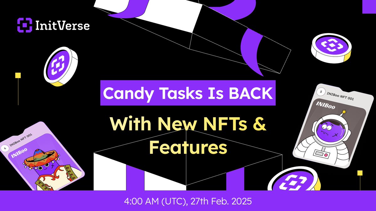 🚨 NFT Alert! 🚨

🎉 We're excited to announce that the very First Phase of NFT Drops for Candy Tasks is almost LIVE!

💥 Complete Tasks to win from 10,000 INIBoo NFTs
💎 Combine your NFTs to claim Premium INIBoo NFTs (1000 available)

🗓️ Launch Time: 27th Feb, 4:00 AM (UTC)
⏳