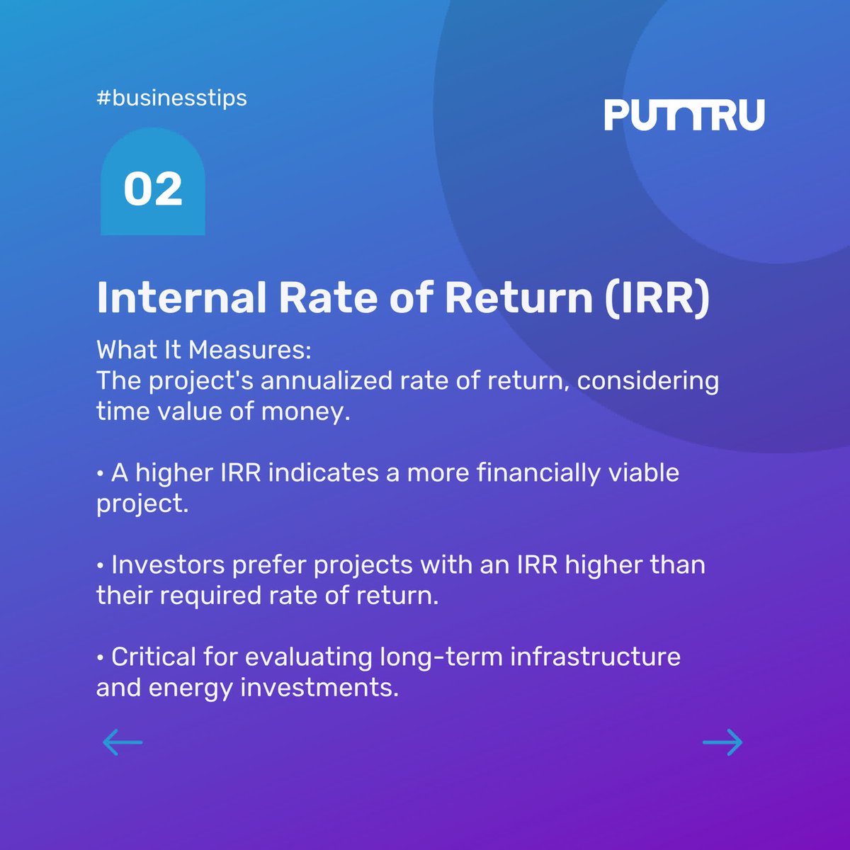 PuttruTech's tweet image. Do you know what investors look for before funding an energy project? 💡 Here are the key metrics they use to assess viability and potential returns. How many of these are you already tracking? 👀⚡ #EnergyFinance #InvestmentMetrics #ProjectFunding
